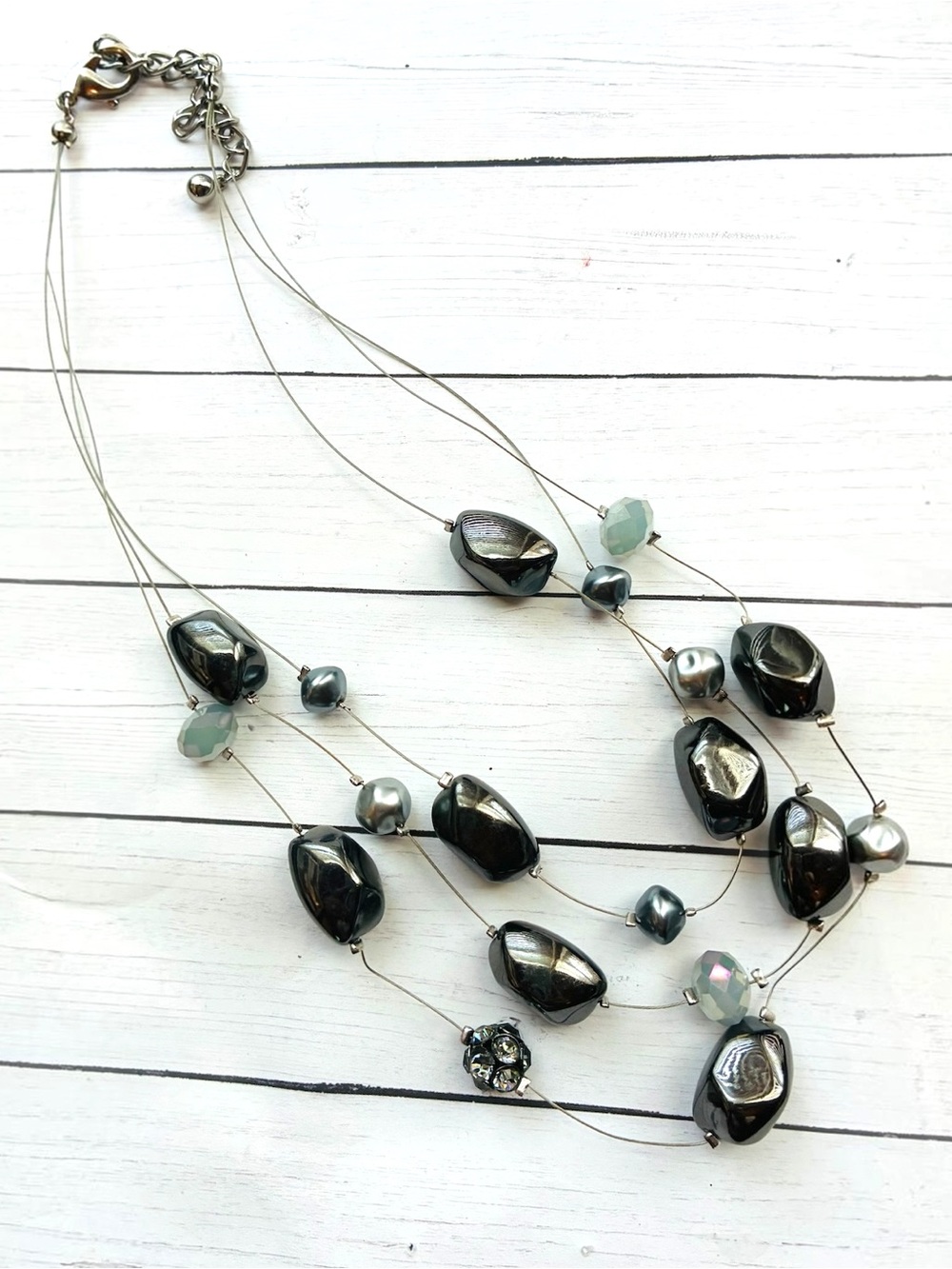 NEW NWOT Chico's Hematite Aqua Rhinestone Multi-Strand Bead Wire Necklace
